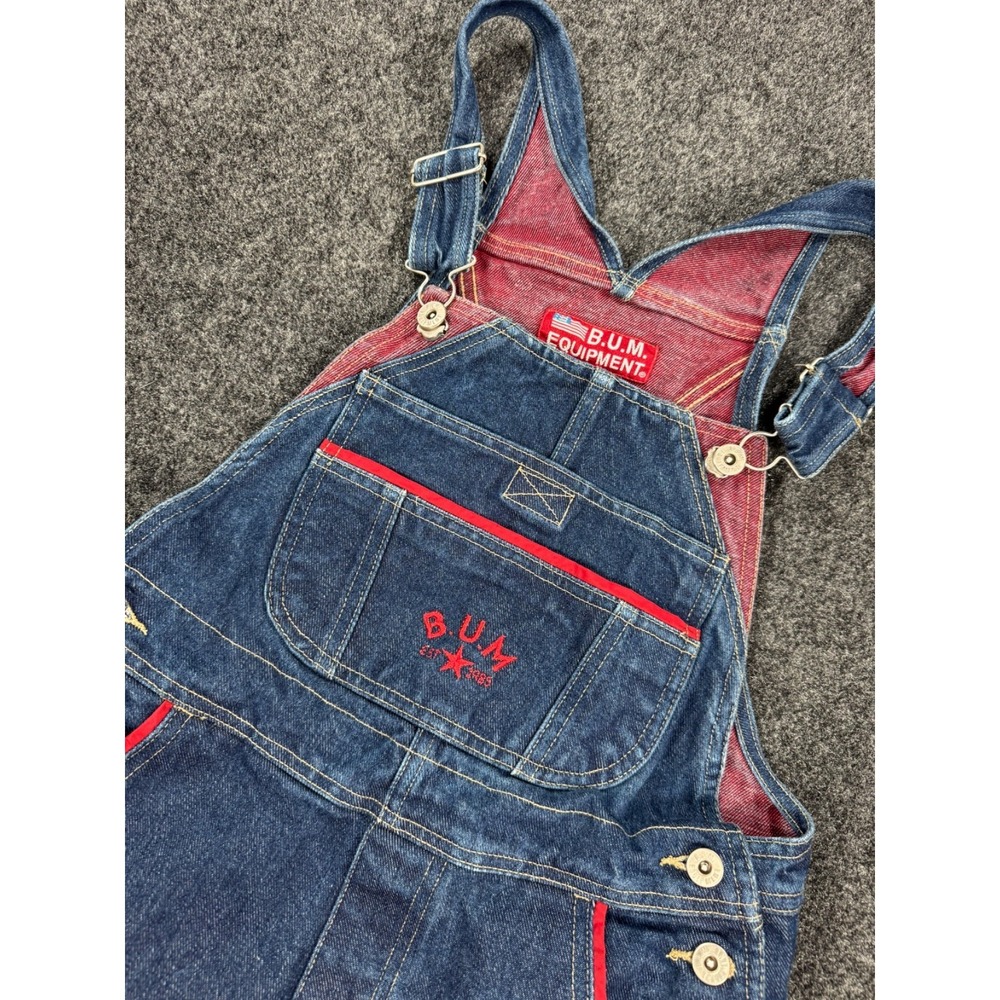 VTG BUM Equipment Denim Short Overalls Bib Shorts Womens Small Blue Red
